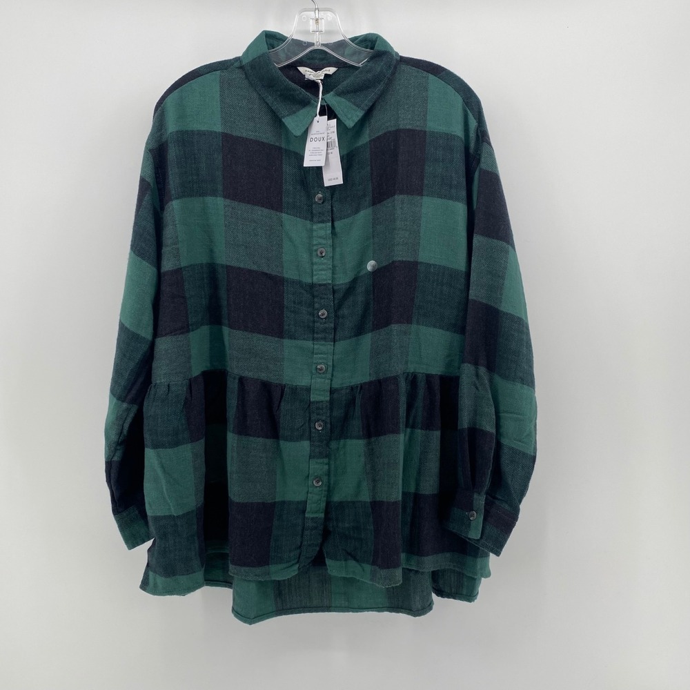 American Eagle Green Black Buffalo Plaid Tiered Peplum Flannel Shirt Medium NWT
